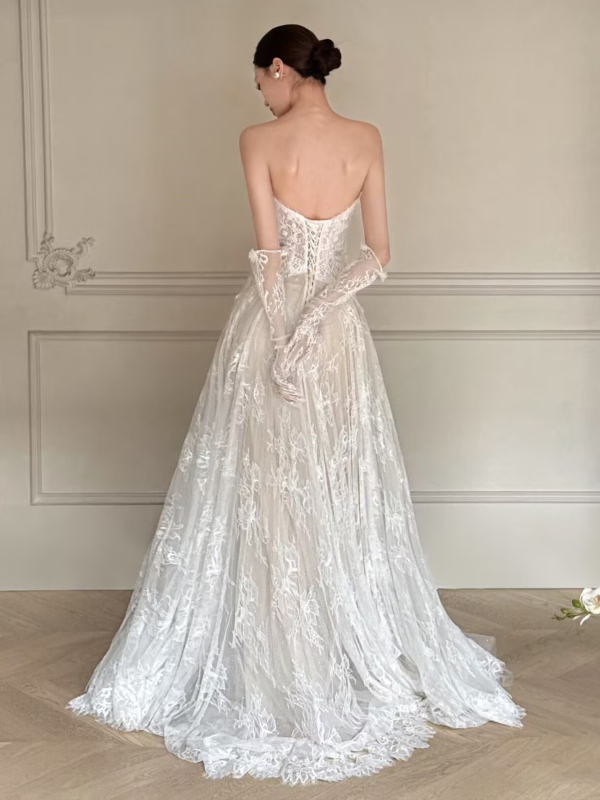 Rochie de mireasă ușoară cu dantelă 2025 vară, fără bretele, fustă lungă, talie medie, 95% poliester