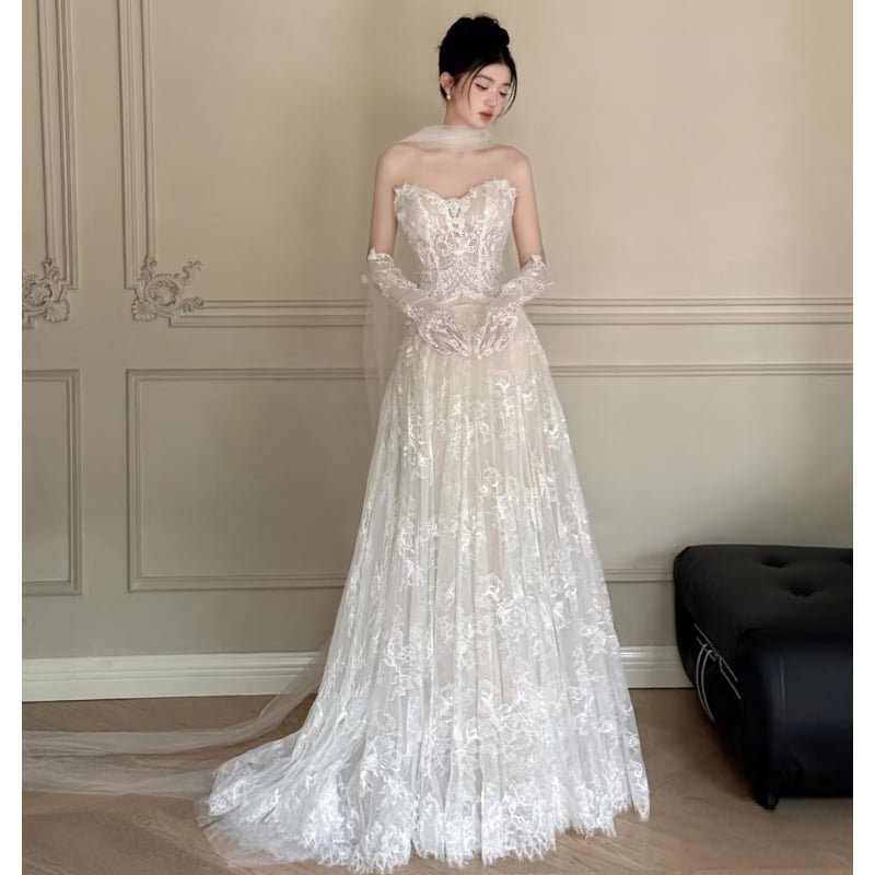 Rochie de mireasă ușoară cu dantelă 2025 vară, fără bretele, fustă lungă, talie medie, 95% poliester