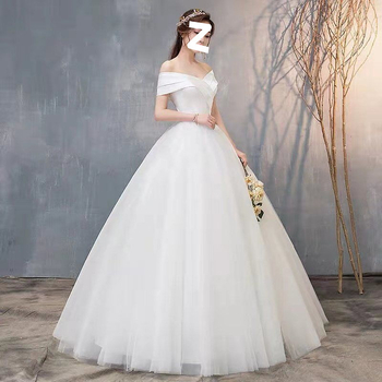 Off-Shoulder vjenčana haljina, korejski Mori stil, jednostavan kroj, dugi rukavi, visoki struk