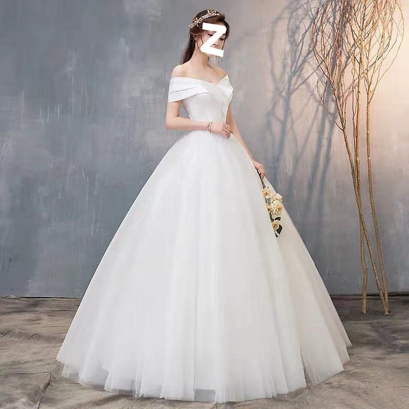 Off-Shoulder vjenčana haljina, korejski Mori stil, jednostavan kroj, dugi rukavi, visoki struk