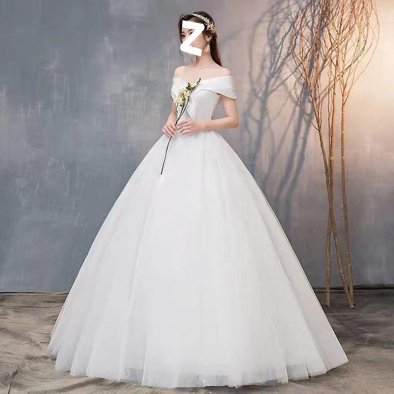 Off-Shoulder vjenčana haljina, korejski Mori stil, jednostavan kroj, dugi rukavi, visoki struk