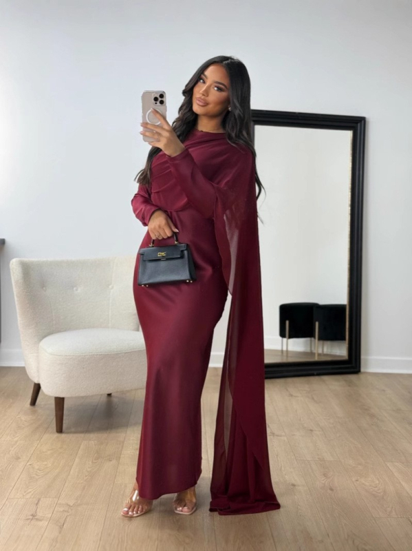 Rochie — din satin și șifon, croială slim, mâneci lungi, lungă până la podea, poliester 95%+