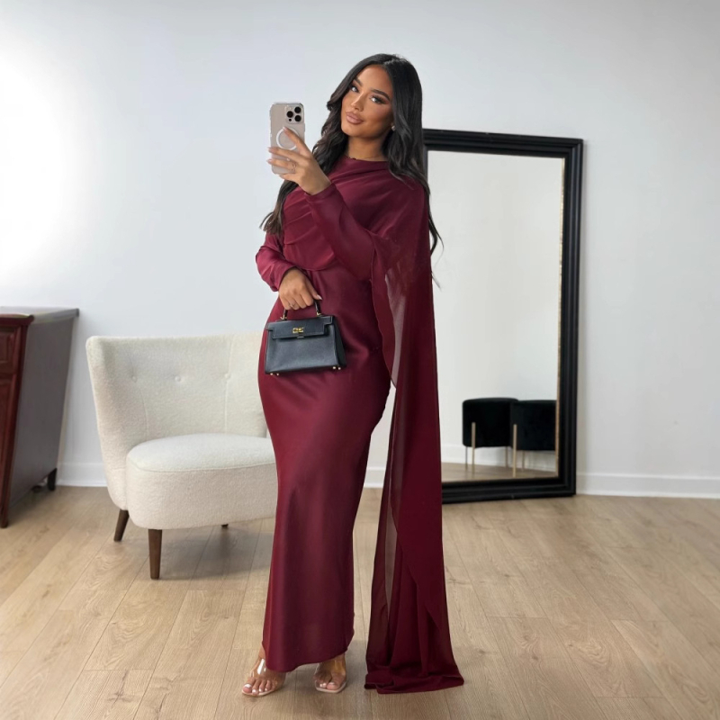 Rochie — din satin și șifon, croială slim, mâneci lungi, lungă până la podea, poliester 95%+