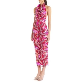 Rochie de seară cu halter, plasă florală din mesh, detalii decupate, talie medie, lungime midi, siluetă pe șolduri