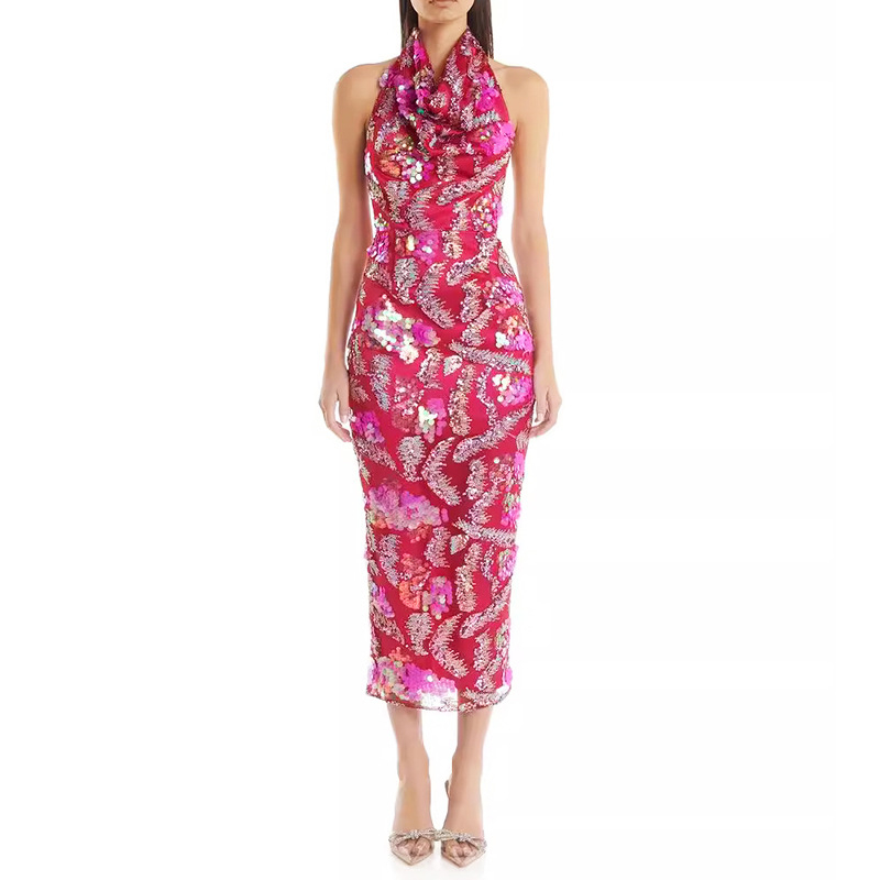 Rochie de seară cu halter, plasă florală din mesh, detalii decupate, talie medie, lungime midi, siluetă pe șolduri