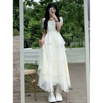 Rochie prințesă: șifon, model solid, volane cu fermoar, croială A-line cu inspirație franțuzească, guler rotund