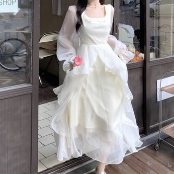 Rochie prințesă: șifon, model solid, volane cu fermoar, croială A-line cu inspirație franțuzească, guler rotund