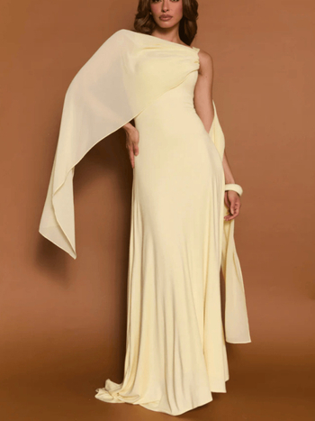 Rochie lungă, siluetă de coadă de pește, fără mâneci, talie înaltă, material poliester, croială pe panouri