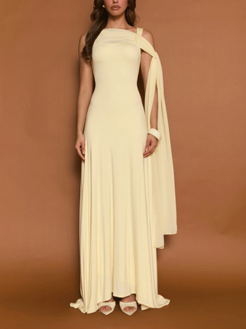 Rochie lungă, siluetă de coadă de pește, fără mâneci, talie înaltă, material poliester, croială pe panouri