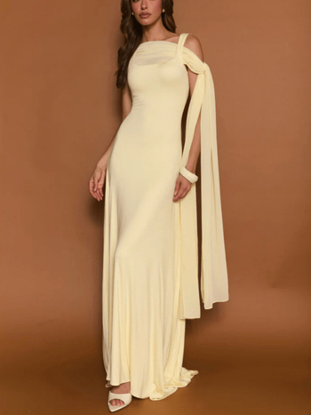 Rochie lungă, siluetă de coadă de pește, fără mâneci, talie înaltă, material poliester, croială pe panouri