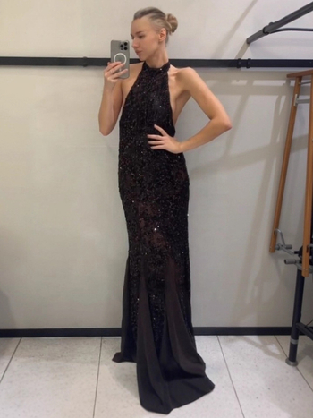 Rochie de seară cu halter, fără mâneci, fustă lungă, poliester, design uni, talie medie