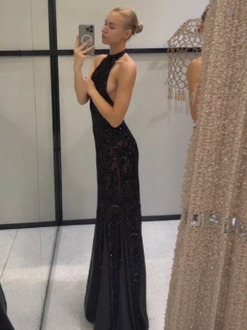 Rochie de seară cu halter, fără mâneci, fustă lungă, poliester, design uni, talie medie