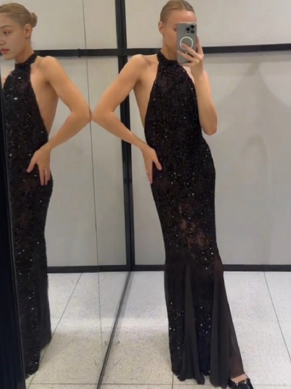 Rochie de seară cu halter, fără mâneci, fustă lungă, poliester, design uni, talie medie