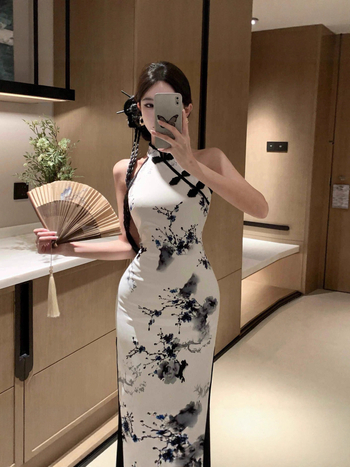 Rochie din poliester cu halter, fără mâneci, guler stand-up, lungime midi, imprimeu retro