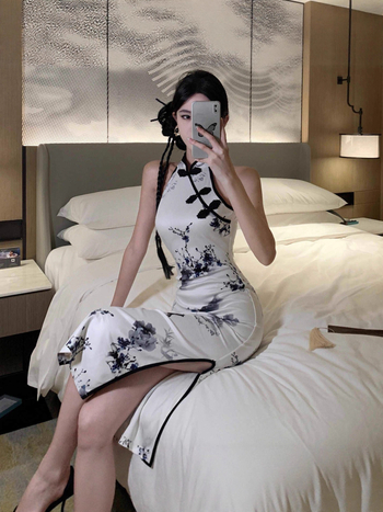 Rochie din poliester cu halter, fără mâneci, guler stand-up, lungime midi, imprimeu retro