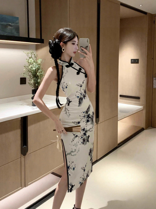 Rochie din poliester cu halter, fără mâneci, guler stand-up, lungime midi, imprimeu retro