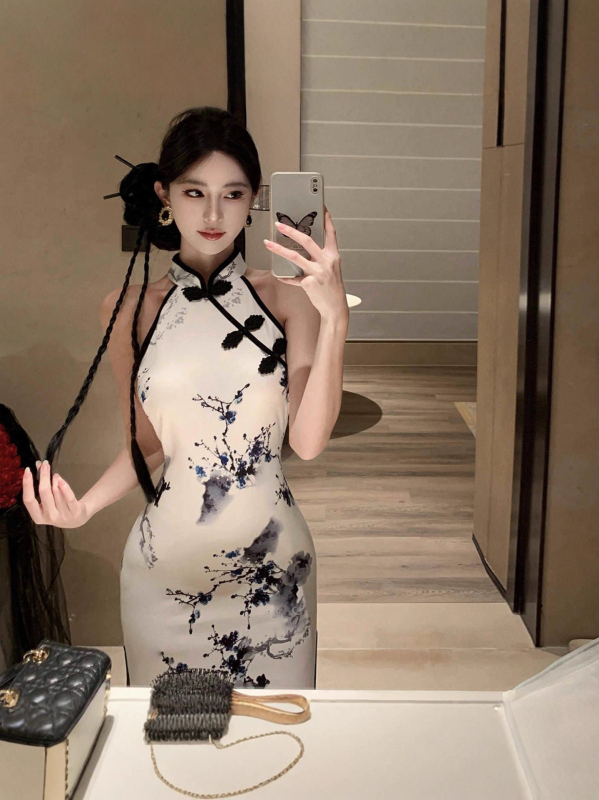 Rochie din poliester cu halter, fără mâneci, guler stand-up, lungime midi, imprimeu retro