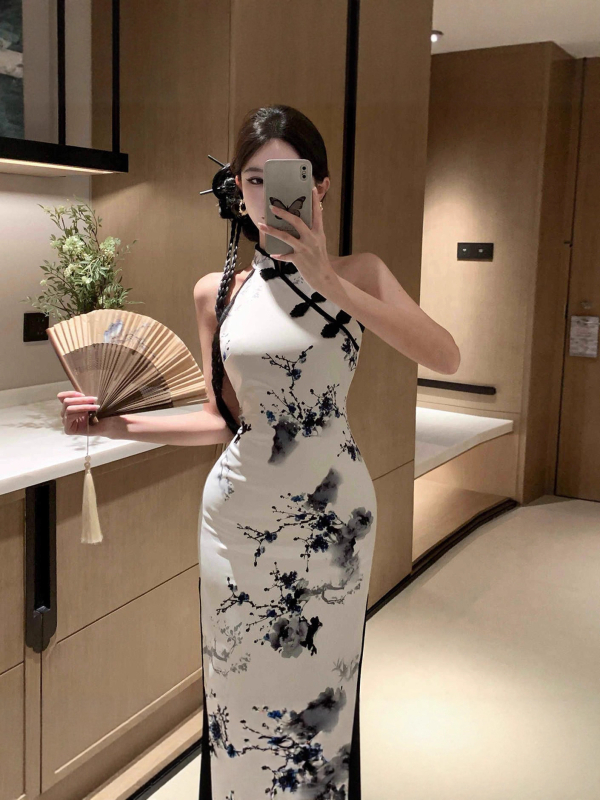 Rochie din poliester cu halter, fără mâneci, guler stand-up, lungime midi, imprimeu retro