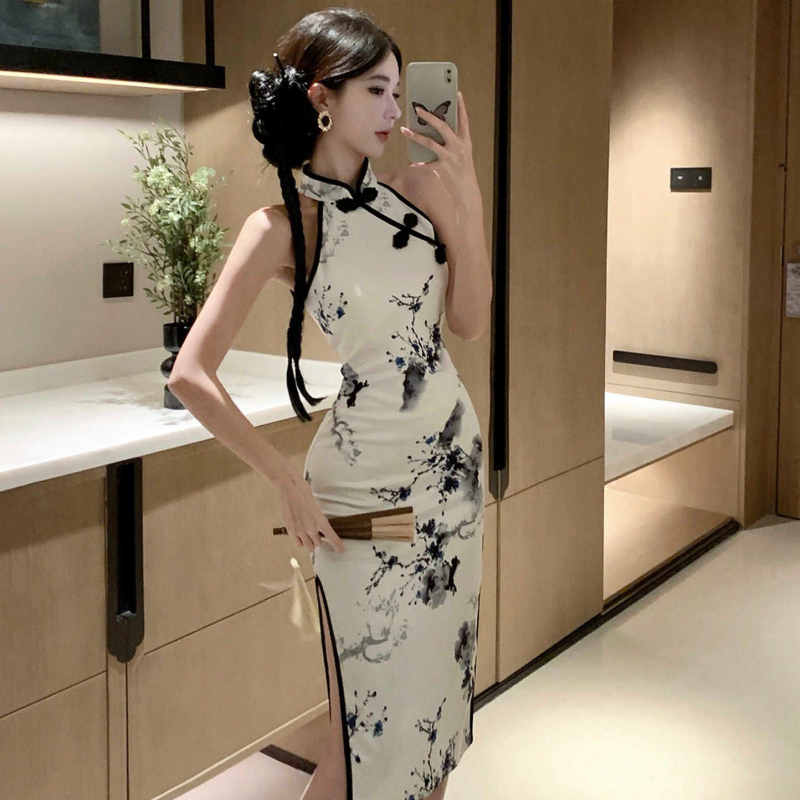 Rochie din poliester cu halter, fără mâneci, guler stand-up, lungime midi, imprimeu retro