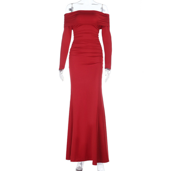 Rochie cu un umăr, croială în A, lungă, cu despicătură, din poliester-elastan