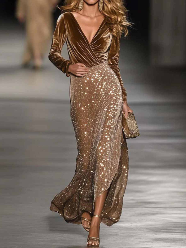 Rochie din poliester cu model abstract, fustă asimetrică, decolteu în V, mâneci lungi.