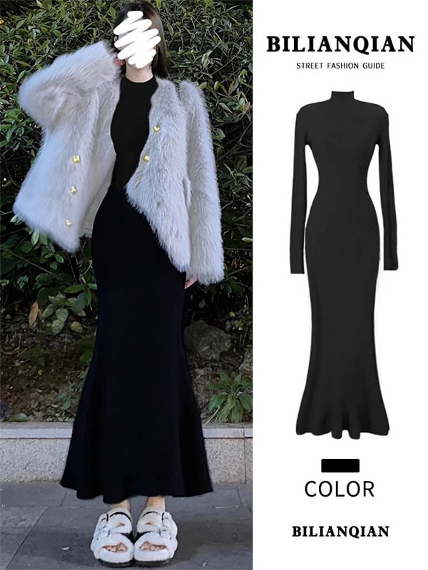 Rochie sirenă cu mâneci lungi, guler semi-înalt, talie elastică, material viscoză/poliester, model monocrom, toamnă 2025