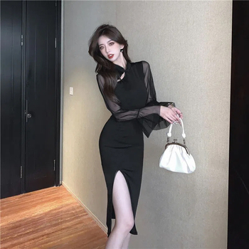 rochie feminină în stil cheongsam, guler rotund, mâneci lungi, talie înaltă, lungime medie, poliester