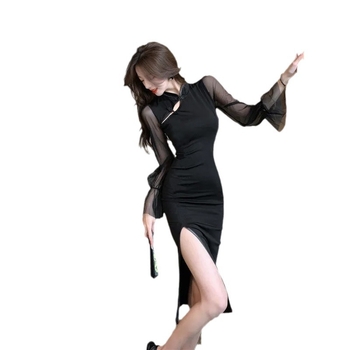 rochie feminină în stil cheongsam, guler rotund, mâneci lungi, talie înaltă, lungime medie, poliester