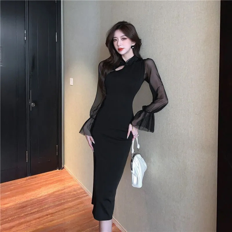 rochie feminină în stil cheongsam, guler rotund, mâneci lungi, talie înaltă, lungime medie, poliester