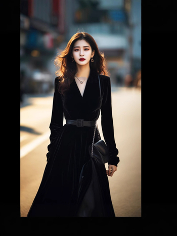 Rochie cu talie înaltă, decolteu în V, croială A-line, mâneci lungi