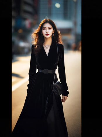 Rochie cu talie înaltă, decolteu în V, croială A-line, mâneci lungi