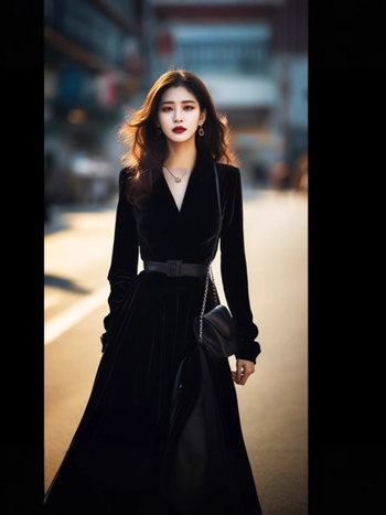 Rochie cu talie înaltă, decolteu în V, croială A-line, mâneci lungi