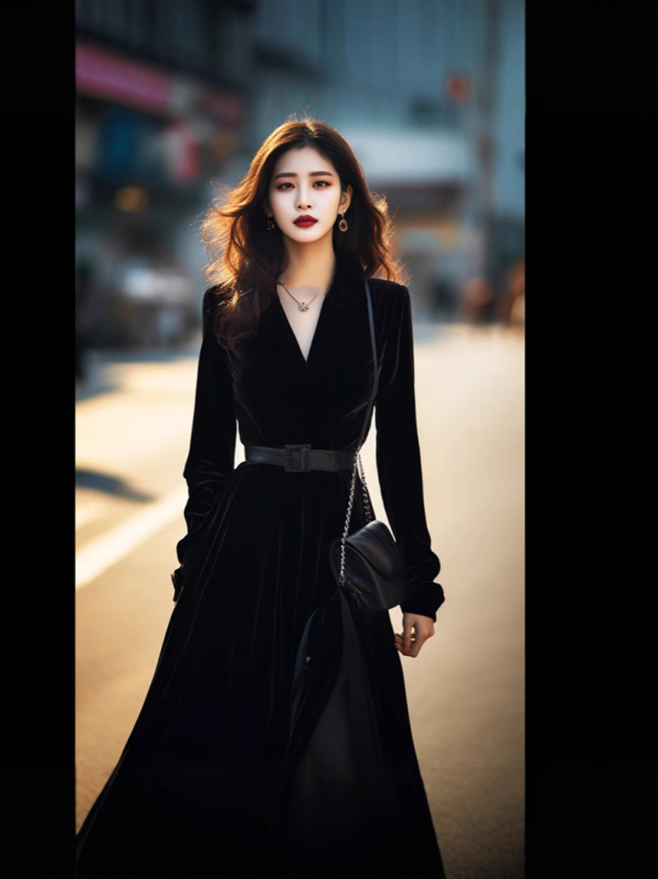 Rochie cu talie înaltă, decolteu în V, croială A-line, mâneci lungi