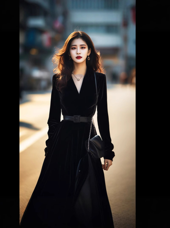 Rochie cu talie înaltă, decolteu în V, croială A-line, mâneci lungi