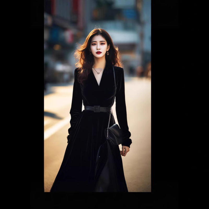 Rochie cu talie înaltă, decolteu în V, croială A-line, mâneci lungi