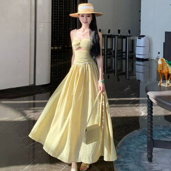 Rochie cu bretele, decupaj, talie înaltă, lungă în formă de A pentru plajă — stil camisole, stil francez, model monocrom, amestec de bumbac.