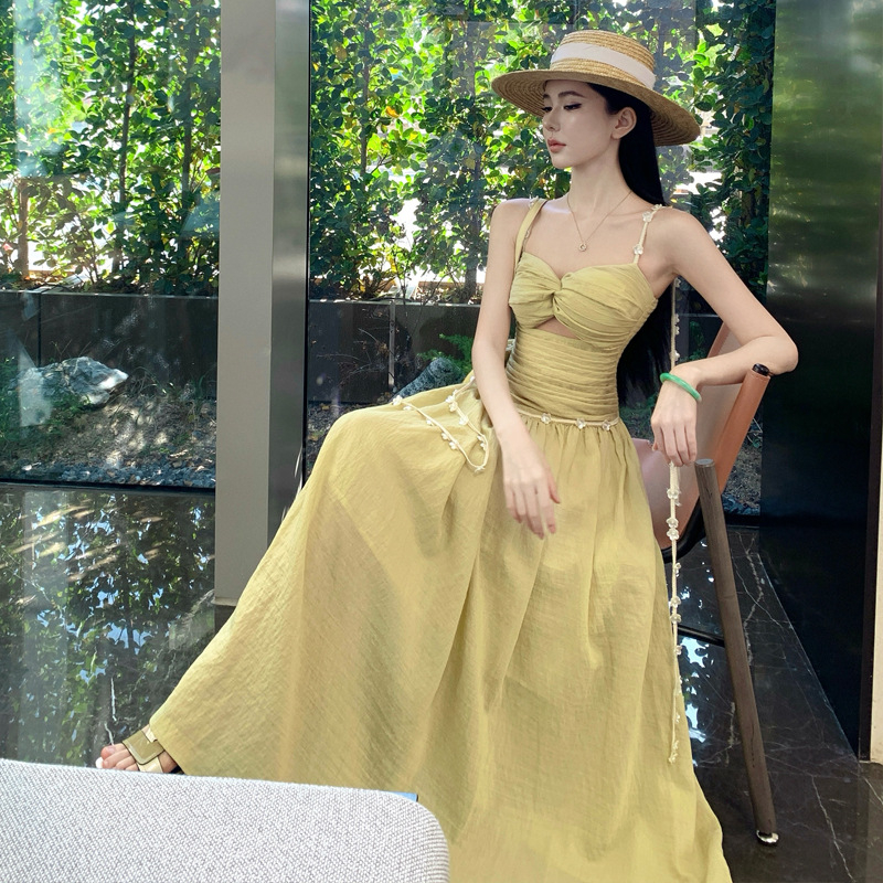 Rochie cu bretele, decupaj, talie înaltă, lungă în formă de A pentru plajă — stil camisole, stil francez, model monocrom, amestec de bumbac.