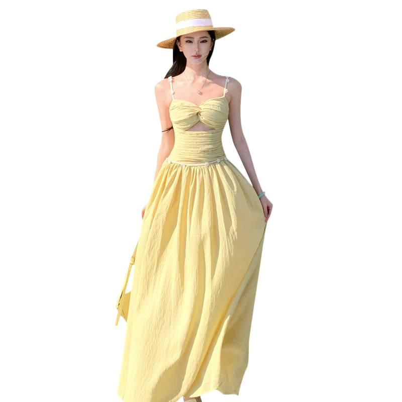 Rochie cu bretele, decupaj, talie înaltă, lungă în formă de A pentru plajă — stil camisole, stil francez, model monocrom, amestec de bumbac.
