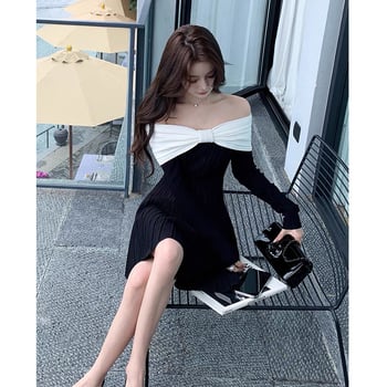 Rochie tricotată cu decolteu off-shoulder, siluetă A, mâneci lungi, poliester 30-50%