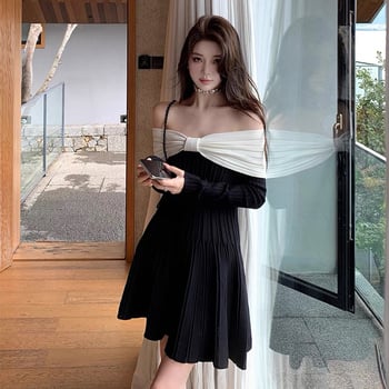 Rochie tricotată cu decolteu off-shoulder, siluetă A, mâneci lungi, poliester 30-50%