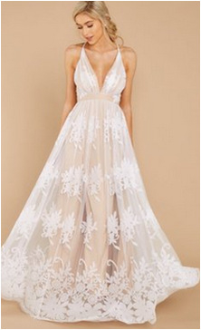 Rochie sling din plasă brodată, florală, decolteu în V adânc, lungă, croială A-line