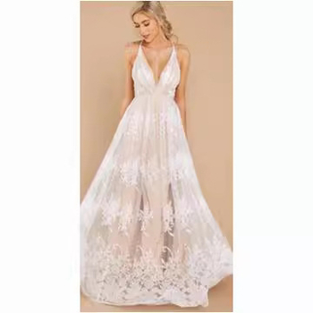 Rochie sling din plasă brodată, florală, decolteu în V adânc, lungă, croială A-line