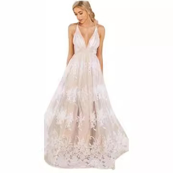 Rochie sling din plasă brodată, florală, decolteu în V adânc, lungă, croială A-line
