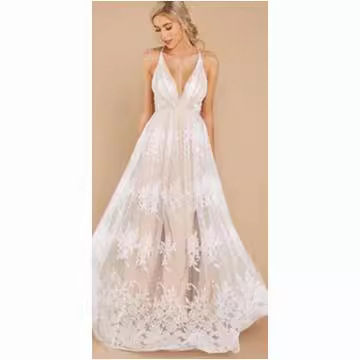 Rochie sling din plasă brodată, florală, decolteu în V adânc, lungă, croială A-line