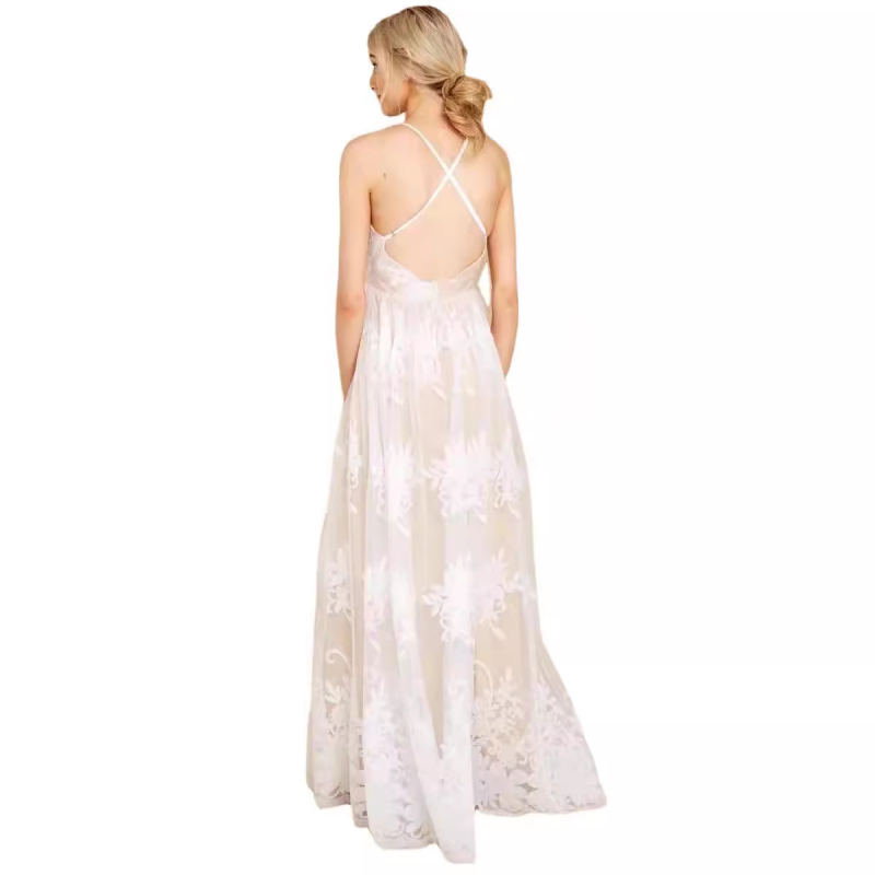Rochie sling din plasă brodată, florală, decolteu în V adânc, lungă, croială A-line