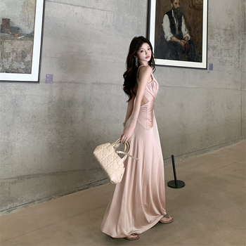 Φόρεμα από πολυεστέρα σε γραμμή Α, μακρύ, χωρίς μανίκια, υψηλή μέση, μονόχρωμο, λεπτομέρειες κολλάζ