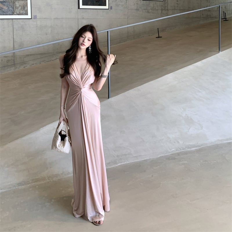 Φόρεμα από πολυεστέρα σε γραμμή Α, μακρύ, χωρίς μανίκια, υψηλή μέση, μονόχρωμο, λεπτομέρειες κολλάζ