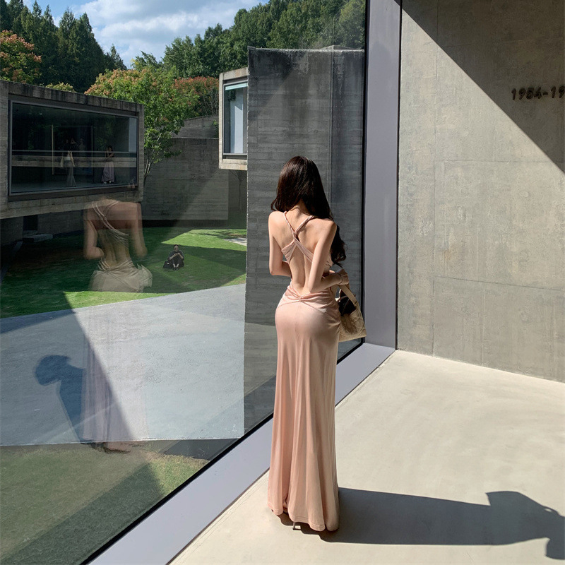 Φόρεμα από πολυεστέρα σε γραμμή Α, μακρύ, χωρίς μανίκια, υψηλή μέση, μονόχρωμο, λεπτομέρειες κολλάζ