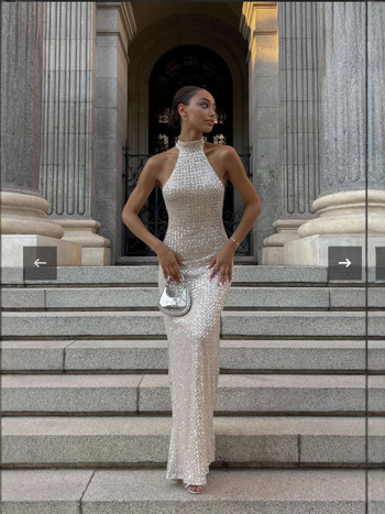 Φόρεμα βραδινό με παγιέτες, σε ύφος halter, ουρά ψαριού, μακριά γραμμή, ψηλή μέση