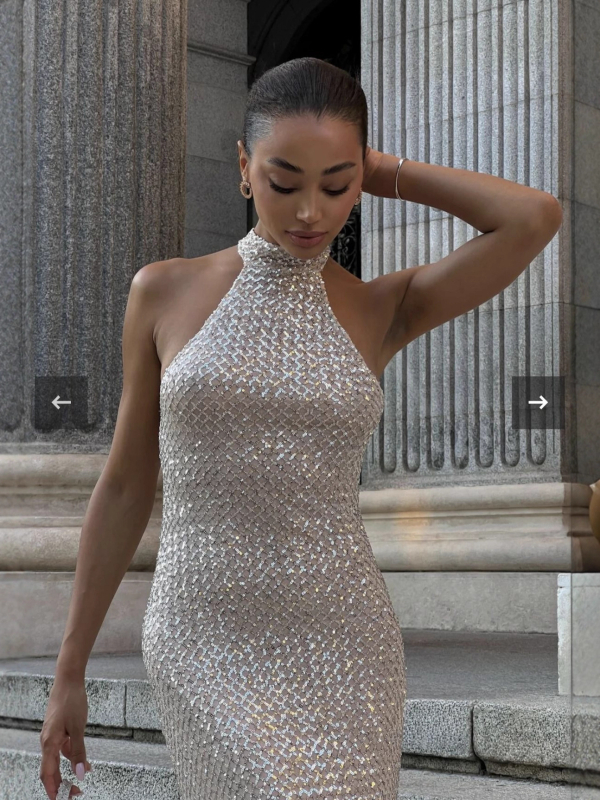 Φόρεμα βραδινό με παγιέτες, σε ύφος halter, ουρά ψαριού, μακριά γραμμή, ψηλή μέση